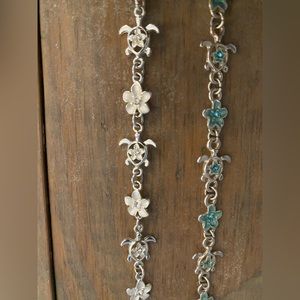 Pair of turtle and plumeria ankle bracelets